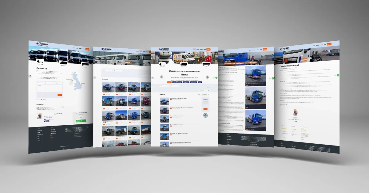 Five website pages showcasing trucks and transport services.