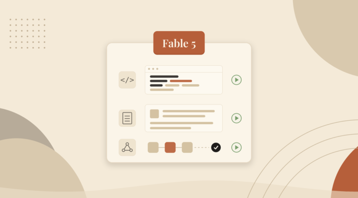 Illustration of Claude Fable 5 as an active task card, with code, document and workflow tasks running and one step marked complete, following its restoration on 1 July 2026
