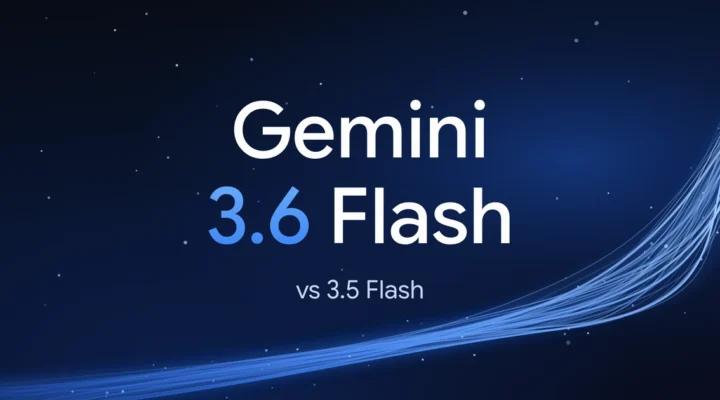 Gemini 3.6 Flash wordmark above a smaller vs 3.5 Flash line, white and blue type on a dark navy field of light trails