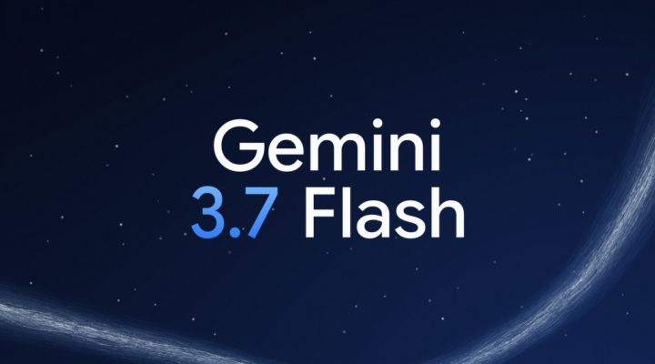 Gemini 3.7 Flash wordmark in white and blue type on a dark navy background, crossed by a rising stream of fine light fibres