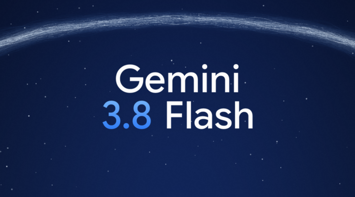 Gemini 3.8 Flash set in white and gradient blue against a deep navy field, beneath a single arc of pale light