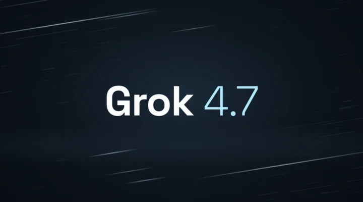 Grok 4.7 wordmark in white and pale blue on a dark background with faint diagonal streaks.