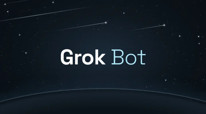 Grok Bot wordmark in white and pale blue above a dark planet horizon, with stars and shooting stars