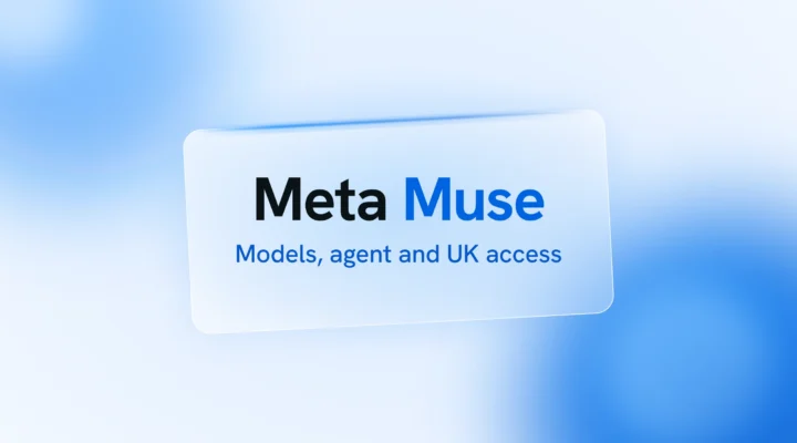 Meta Muse in dark and blue type over the line Models, agent and UK access, on a tilted glass panel above pale blue spheres